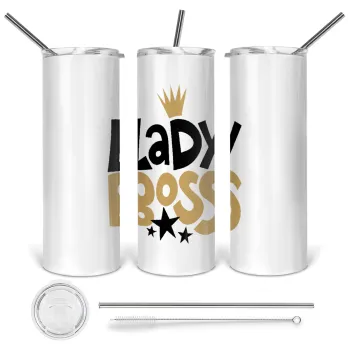 Lady Boss, Tumbler ποτήρι θερμό από ανοξείδωτο ατσάλι 600ml, με μεταλλικό καλαμάκι & βούρτσα καθαρισμού