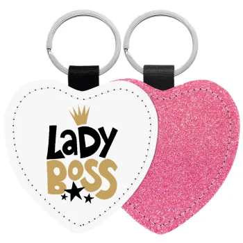 Lady Boss, Μπρελόκ PU δερμάτινο glitter καρδιά ΡΟΖ