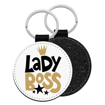Lady Boss, Μπρελόκ Δερματίνη, στρογγυλό ΜΑΥΡΟ (5cm)