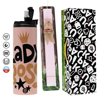 Lady Boss, Πασχαλινή Λαμπάδα με  ΡΟΖ Travel Tumbler θερμό (600ml, BPA free) & κερί αρωματικό πλακέ (30cm) (ΡΟΖ)