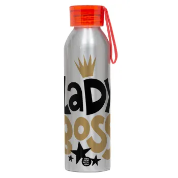Lady Boss, Αλουμινένιο Αθλητικό Μπουκάλι 650ml – Ασημί με Κόκκινο Καπάκι και Λουράκι Σιλικόνης