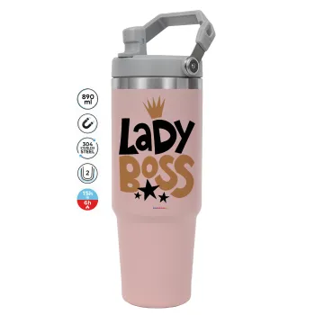 Lady Boss, ΡΟΖ Travel Tumbler Θερμός με χερούλι και καλαμάκι 890ml