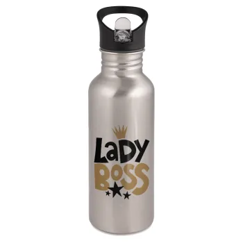 Lady Boss, Water bottle Silver with straw, stainless steel 600ml