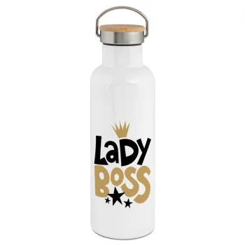 Lady Boss, Stainless steel White with wooden lid (bamboo), double wall, 750ml