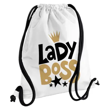 Lady Boss, Τσάντα πλάτης πουγκί GYMBAG λευκή, με τσέπη (40x48cm) & χονδρά κορδόνια