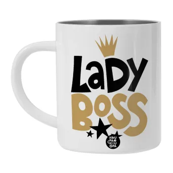 Lady Boss, Λευκή Ανοξείδωτη Μεταλλική Κούπα 450ml - Διπλού Τοιχώματος 
