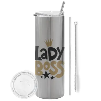 Lady Boss, Tumbler ποτήρι θερμό Ασημένιο από ανοξείδωτο ατσάλι 600ml, με μεταλλικό καλαμάκι & βούρτσα καθαρισμού