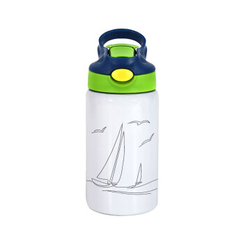 Sailing, Children's hot water bottle, stainless steel, with safety straw, green, blue (350ml)