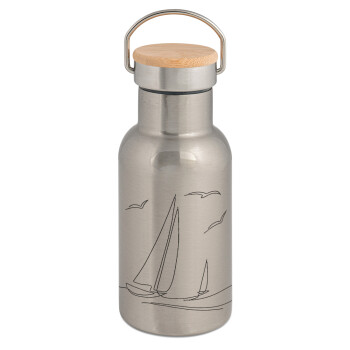Sailing, Stainless steel metallic thermos flask, silver with a bamboo lid, double-walled, 350ml.