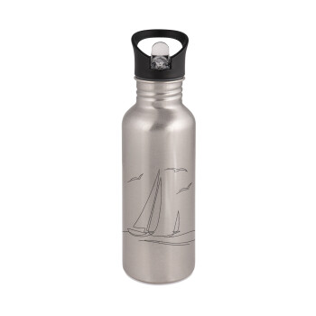 Sailing, Water bottle Silver with straw, stainless steel 600ml