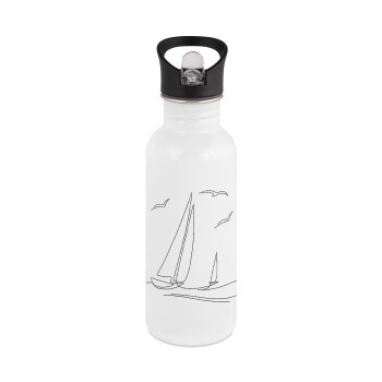 Sailing, White water bottle with straw, stainless steel 600ml