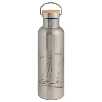 Sailing, Stainless steel Silver with wooden lid (bamboo), double wall, 750ml