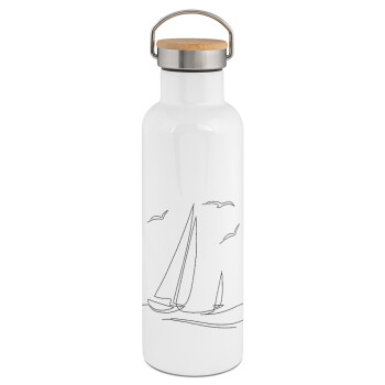 Sailing, Stainless steel White with wooden lid (bamboo), double wall, 750ml