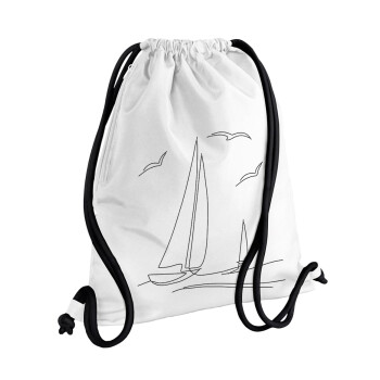 Sailing, Τσάντα πλάτης πουγκί GYMBAG λευκή, με τσέπη (40x48cm) & χονδρά κορδόνια