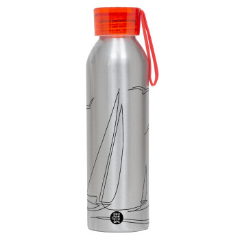Sailing, Aluminum Sports Bottle 650ml – Silver with Red Cap and Silicone Strap