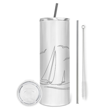 Ιστιοπλοΐα Sailing, Eco friendly ποτήρι θερμό (tumbler) από ανοξείδωτο ατσάλι 600ml, με μεταλλικό καλαμάκι & βούρτσα καθαρισμού