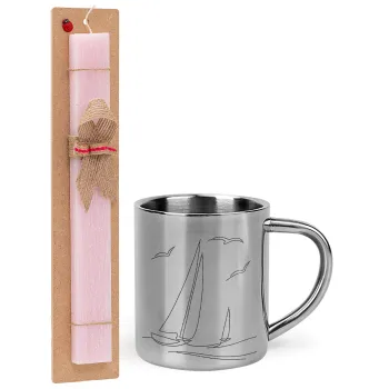 Sailing, Easter Set, metallic thermal cup (300ml) & aromatic flat Easter candle (30cm) (PINK)