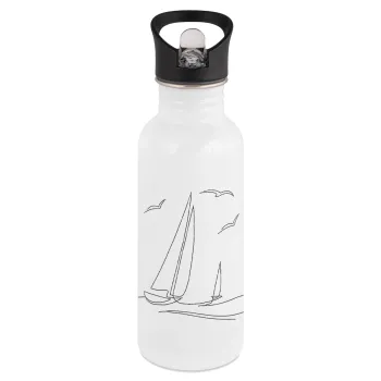 Sailing, White water bottle with straw, stainless steel 600ml