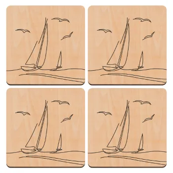Sailing, ΣΕΤ x4 Σουβέρ ξύλινα τετράγωνα plywood (9cm)