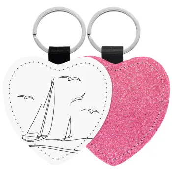 Ιστιοπλοΐα Sailing, Μπρελόκ PU δερμάτινο glitter καρδιά ΡΟΖ