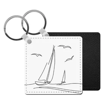 Sailing, Μπρελόκ Δερματίνη, τετράγωνο ΜΑΥΡΟ (5x5cm)
