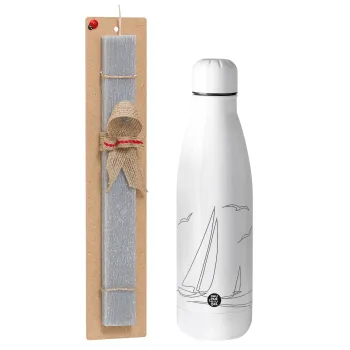 Sailing, Easter Set, metallic stainless thermos bottle (500ml) & scented flat Easter candle (30cm) (GRAY)