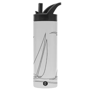 Sailing, Metallic thermos bottle with straw & handle, stainless steel (Stainless steel 304), double-walled, 600ml.
