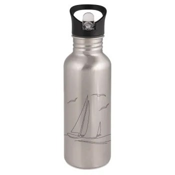 Sailing, Water bottle Silver with straw, stainless steel 600ml