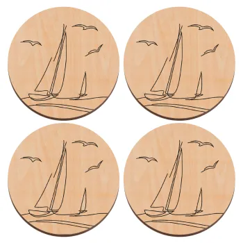 Ιστιοπλοΐα Sailing, ΣΕΤ x4 Σουβέρ ξύλινα στρογγυλά plywood (9cm)