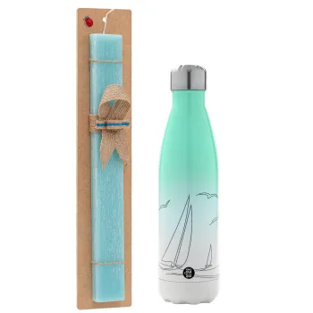 Sailing, Easter Set, Metallic green/white thermos (Stainless steel), double-walled, 500ml & scented flat Easter candle (30cm) (TURQUOISE)