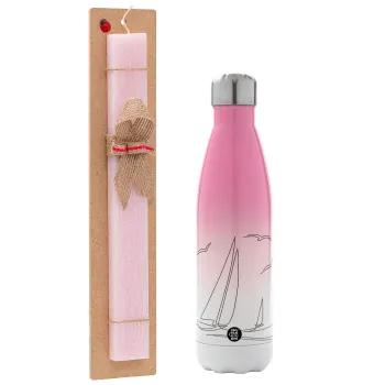Sailing, Easter Set, Metallic pink/white (Stainless steel) thermos, double-walled, 500ml & aromatic flat Easter candle (30cm) (PINK)