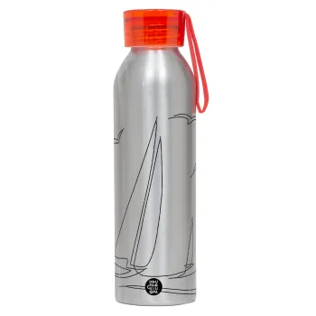 Ιστιοπλοΐα Sailing, Αλουμινένιο Αθλητικό Μπουκάλι 650ml – Ασημί με Κόκκινο Καπάκι και Λουράκι Σιλικόνης