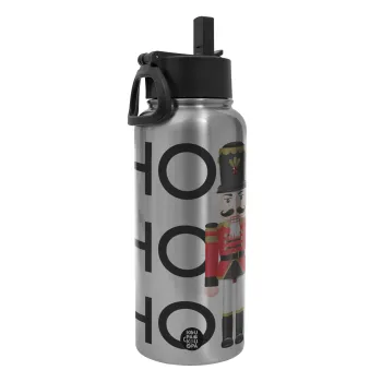 Μολυβένιος στρατιώτης, Μεταλλικό παγούρι θερμός Silver με καλαμάκι και χερούλι (Stainless steel), διπλού τοιχώματος, 950ml