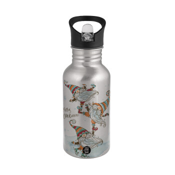 Christmas nordic gnomes, Water bottle Silver with straw, stainless steel 500ml