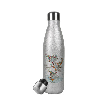 Christmas nordic gnomes, Μεταλλικό παγούρι θερμός Glitter Aσημένιο (Stainless steel), διπλού τοιχώματος, 500ml