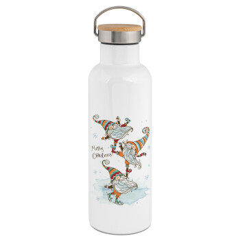 Christmas nordic gnomes, Stainless steel White with wooden lid (bamboo), double wall, 750ml