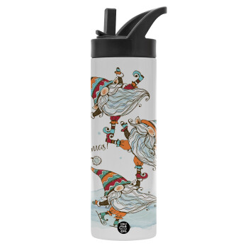 Christmas nordic gnomes, Metallic thermos bottle with straw & handle, stainless steel (Stainless steel 304), double-walled, 600ml.
