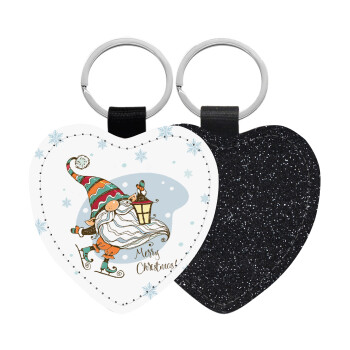 Christmas nordic gnomes, Μπρελόκ PU δερμάτινο glitter καρδιά ΜΑΥΡΟ