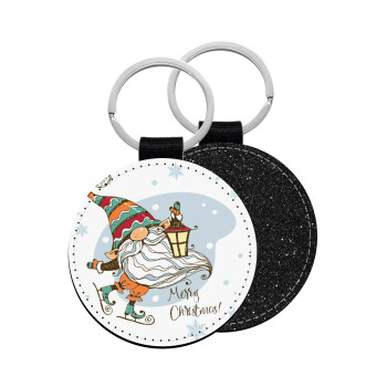 Christmas nordic gnomes, Μπρελόκ Δερματίνη, στρογγυλό ΜΑΥΡΟ (5cm)