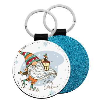 Christmas nordic gnomes, Μπρελόκ Δερματίνη, στρογγυλό ΜΠΛΕ (5cm)