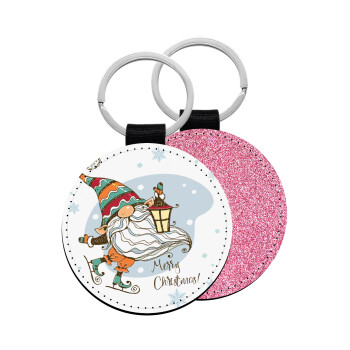 Christmas nordic gnomes, Μπρελόκ Δερματίνη, στρογγυλό ΡΟΖ (5cm)
