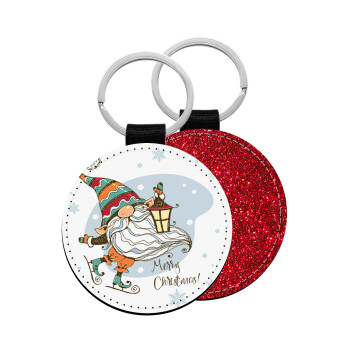 Christmas nordic gnomes, Μπρελόκ Δερματίνη, στρογγυλό ΚΟΚΚΙΝΟ (5cm)