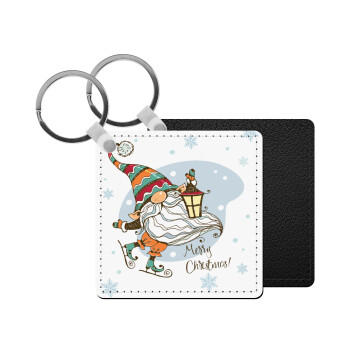 Christmas nordic gnomes, Μπρελόκ Δερματίνη, τετράγωνο ΜΑΥΡΟ (5x5cm)