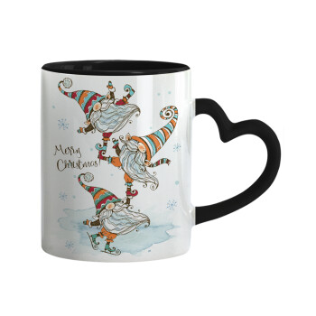 Christmas nordic gnomes, Κούπα καρδιά χερούλι μαύρη, κεραμική, 330ml