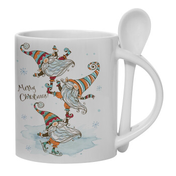 Christmas nordic gnomes, Ceramic coffee mug with Spoon, 330ml (1pcs)