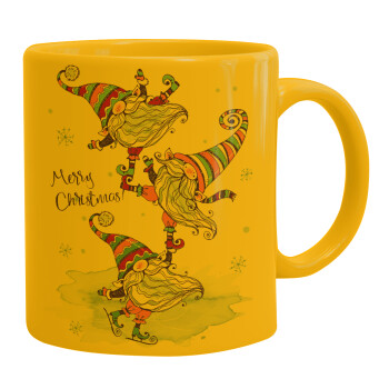 Christmas nordic gnomes, Ceramic coffee mug yellow, 330ml (1pcs)
