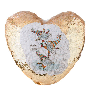 Christmas nordic gnomes, Μαξιλάρι καναπέ καρδιά Μαγικό Χρυσό με πούλιες 40x40cm περιέχεται το  γέμισμα