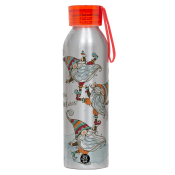 Christmas nordic gnomes, Αλουμινένιο Αθλητικό Μπουκάλι 650ml – Ασημί με Κόκκινο Καπάκι και Λουράκι Σιλικόνης