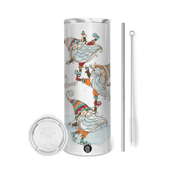 Christmas nordic gnomes, Tumbler ποτήρι θερμό από ανοξείδωτο ατσάλι 600ml, με μεταλλικό καλαμάκι & βούρτσα καθαρισμού