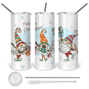 Christmas nordic gnomes, 360 Eco friendly ποτήρι θερμό (tumbler) από ανοξείδωτο ατσάλι 600ml, με μεταλλικό καλαμάκι & βούρτσα καθαρισμού